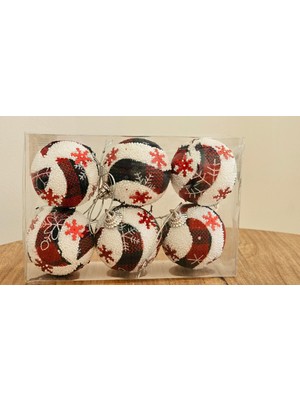 Beyaz Ekose Desenli Yılbaşı Topu, 6'lı Paket, 5 Cm, Çam Ağacı Süsü