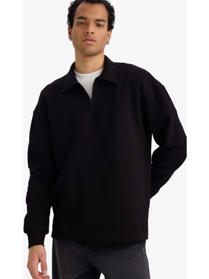 DeFacto Boxy Fit Polo Yaka Yarım Fermuarlı Pike Sweatshirt G6471AX25WN