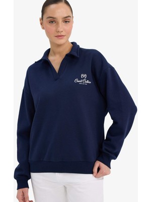 DeFacto Relax Fit Polo Yaka Baskılı Kalın Sweatshirt G7014AX25WN