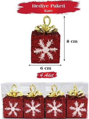 4'lü Yılbaşı Süs Kutusu, Ev ve Ofis Dekorasyonu, Kırmızı, Paket