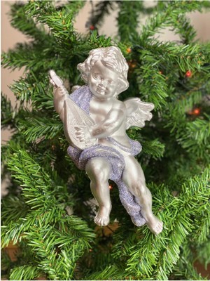 Yılbaşı Büyük Ağaç Duvar Süsü, Müzikli Şirin Melek Dekoru Gümüş Gri