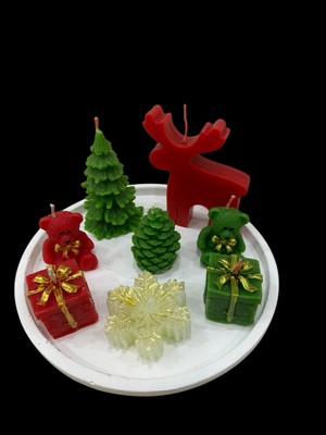 Yeşil Hediyelik Mum Seti Geyik Ağaç Ayıcık Kozalak Karton Sunum Tepsisi