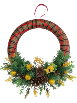 Yılbaşı Kapı Süsü Kozalaklı Renkli Dekoratif Çelenk 35 cm