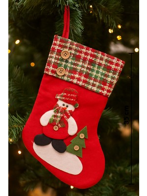 35 cm Ekoseli Kardan Adam Figürlü Büyük Boy Yılbaşı Çorabı, Ağaç ve Ev Dekor Süsü