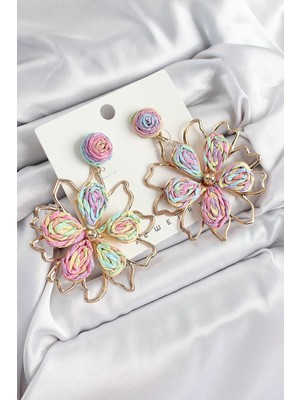 Esnoria Pirinç Rainbow Çiçek Model Gold Renk Kadın Hasır Küpe