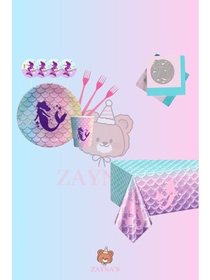 Zayna's Deniz Kızı Temalı 8 Kişilik Doğum Günü Parti Seti - Deniz Kızı Konseptli Parti Süsleri