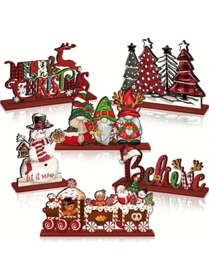 6 Adet Ahşap Yılbaşı Masa Dekorasyonu, Kırmızı, Şık ve Doğal Tasarım