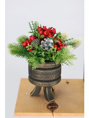 Kırmızı Ayaklı Saksıda Yılbaşı Masa Çiçeği 23 Cm, Yeni Yıl Süsü
