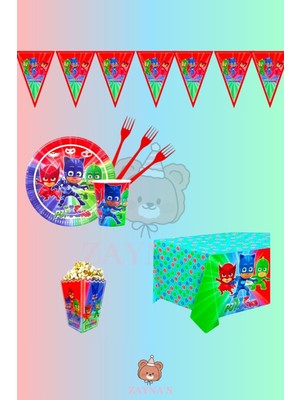 Zayna's Pijamaskeliler Karakter Baskılı 16 Kişilik Doğum Günü Parti Seti