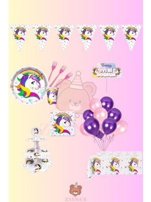 Zayna's Unicorn 8 Kişilik Doğum Günü Parti Seti - Unicorn Konsepti Kek Standı