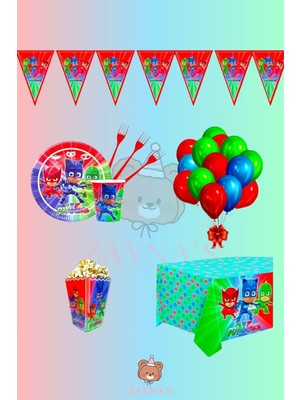 Zayna's Pijamaskeliler Temalı Kız Erkek Çocuk Konseptli 32 Kişilik Doğum Günü Parti Seti