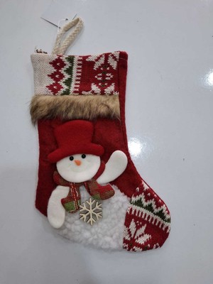 Kırmızı Peluş Kardan Adam Figürlü Yılbaşı Çorabı, 22 Cm.