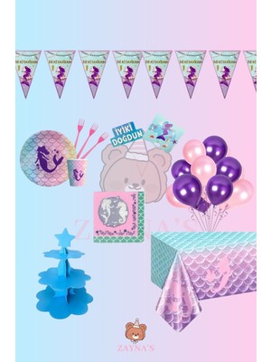 Zayna's Deniz Kızı 8 Kişilik Doğum Günü Parti Seti - Deniz Kızı Konsepti Kek Standı