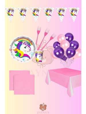 Zayna's Unicorn Temalı Kız Çocuk Konsept 24 Kişilik Set Doğum Günü Parti Malzemeleri