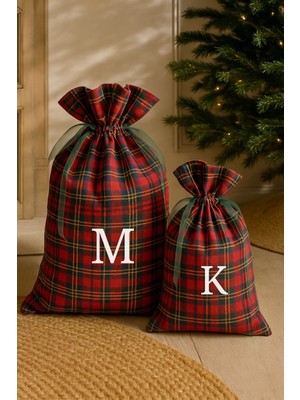 Kişiselleştirilebilir Ekose Desenli Yılbaşı Hediye Kesesi, 40X60 cm Kırmızı Renk