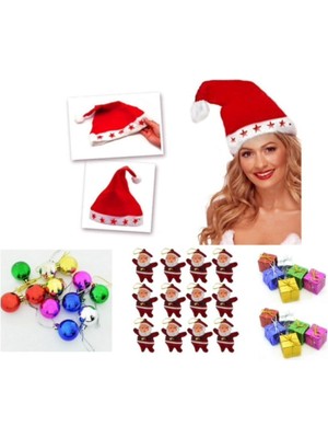 Yılbaşı Ağaç Süsü 36 Parça ve Işıklı Noel Baba Şapkası, Renkli ve Eğlenceli Dekorasyon