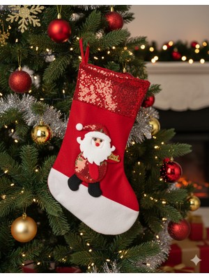38 cm Renkli Noel Baba Desenli Şık Yılbaşı Çorabı, Büyük Boy Ağaç ve Ev Dekor Süsü