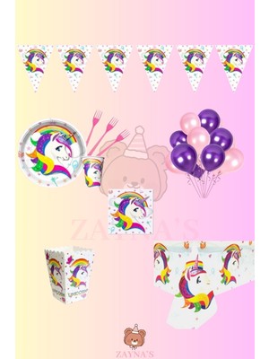 Zayna's Unicorn Doğum Günü Parti Seti | 1-5 Yaş Arası | Unicorn Temalı Kız Çocuk Masa Süsleri 16 Kişilik