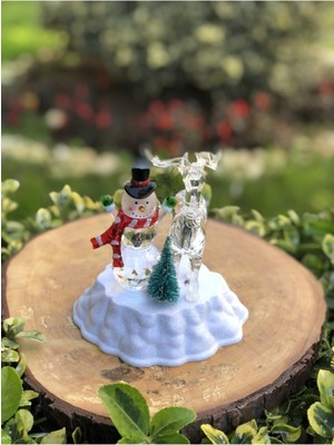 Cam Görünümlü Kardan Adam ve Geyik Figürü, Işıklı Dekoratif Obje, Beyaz Renk