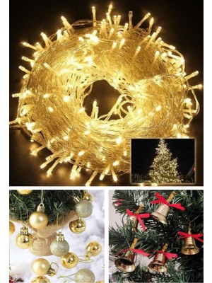 3'lü Yılbaşı Seti, 10 mt Peri Led, 12 Çam Ağacı Çanı ve Topu, Gold Renk