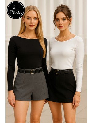 Rich Kadın Siyah-Beyaz 2'li Paket Kayık Yaka Uzun Kollu Bluz