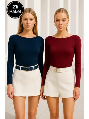 Rich Kadın Bordo-Lacivert 2'li Paket Kayık Yaka Uzun Kollu Bluz