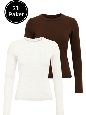 Rich Kadın Beyaz-Kahverengi 2'li Paket Bisiklet Yaka Esnek Kumaşlı Vücuda Oturan Slim Fit Uzun Kollu Crop Body