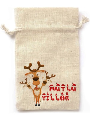 Yılbaşı Temalı 10 Adet Baskılı Lavanta Kesesi Ipli 3 Kafadar Geyik Bej