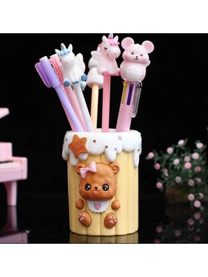 Sevimli Ayıcık Kalemlik, Sarı Renk, Kalp ve Fiyonklu, Şirin Çocuk Hediyesi