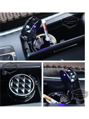 ŞüsCarOto Aksesuar Üniversal Kristal Pırlanta Taş Görünümlü Mavi LED Işıklı Lüx Oto Küllük Kapaklı Spor Araç Içi Küllük Araba Küllüğü Siyah