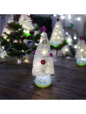Beyaz Karlı Yılbaşı Ağacı, Renkli Süsler, Toplu Işıklar, 24 Cm, LED ile Aydınlatmalı