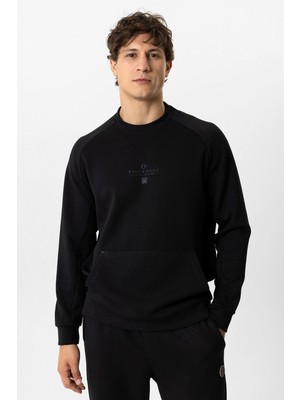 Siyah Regular Fit Pamuklu Bisiklet Yaka Kanguru Sweatshirt