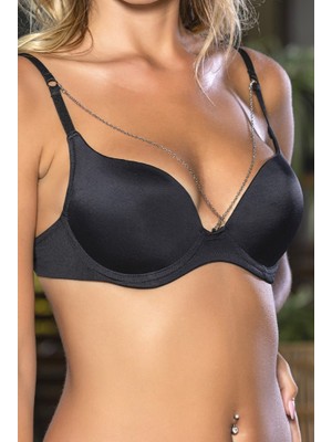 NemereSoft Günlük Kullanıma Uygun siyah Zincir Aksesuarlı Yarım Push-Up Sütyen,destekli, Düşük Dekolte Uyumlu