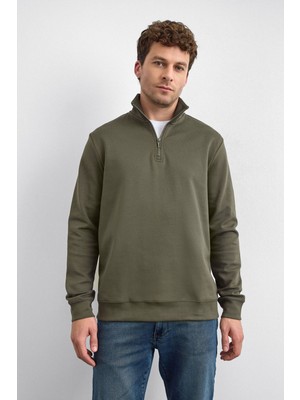 Haki Regular Fit Dik Yaka Yarım Fermuarlı Sweatshirt