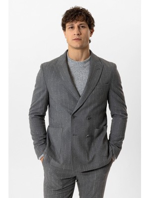 Gri Slim Fit Kırlangıç Yaka Çizgili Kruvaze Ceket