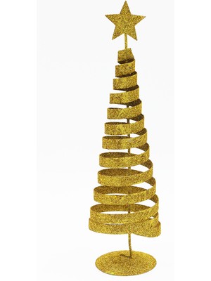 Altın Renkli 28 cm Yılbaşı Masa Üzeri Dekoratif Çam Ağacı Simli