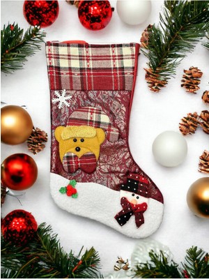 Kurdeleli Kardan Ayı Çizgili Yılbaşı Çorabı, Kırmızı, Sevimli ve Renkli Tasarım