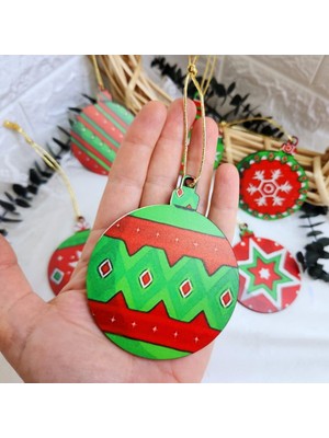Karışık Yılbaşı Süsleme Seti, 9 Cm, 6 Adet, Ahşap, Uv Baskılı, Şık ve Renkli Seçenekler