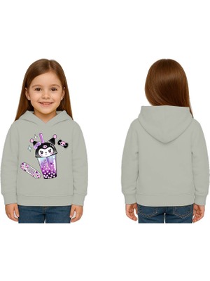 Sedirli Unisex Baskılı Çocuk Swaetshirt Kapüşonlu 3 Iplik Şardonlu Kuromi Baskılı