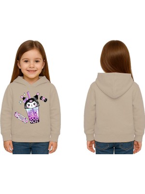 Sedirli Unisex Baskılı Çocuk Swaetshirt Kapüşonlu 3 Iplik Şardonlu Kuromi Baskılı