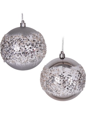 Yılbaşı Topu Beyaz Boncuk ve Gold Desenli 2'li Paket 10 cm