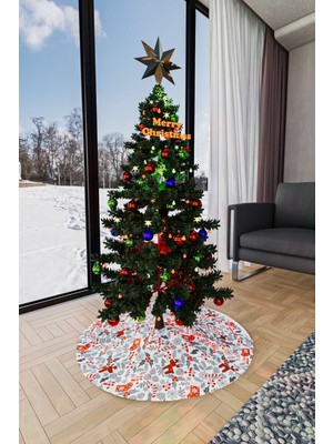 Kırmızı Gri 90CM Yılbaşı Temalı Dijital Baskılı Çam Ağacı Örtüsü