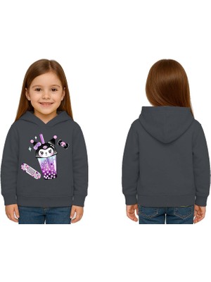 Sedirli Unisex Baskılı Çocuk Swaetshirt Kapüşonlu 3 Iplik Şardonlu Kuromi Baskılı