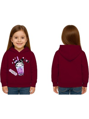Sedirli Unisex Baskılı Çocuk Swaetshirt Kapüşonlu 3 Iplik Şardonlu Kuromi Baskılı