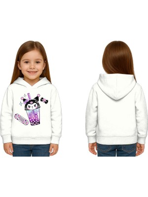 Sedirli Unisex Baskılı Çocuk Swaetshirt Kapüşonlu 3 Iplik Şardonlu Kuromi Baskılı
