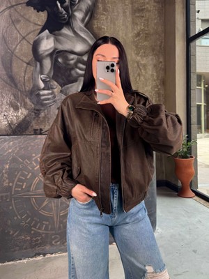 Roger Kolları Lastikli Cepli Fermuarlı Deri Görünümlü Bomber Kahverengi