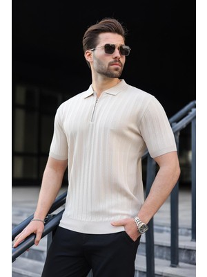 Madmext Taş Rengi Yarım Fermuarlı Polo Yaka Erkek Triko Tişört E7458