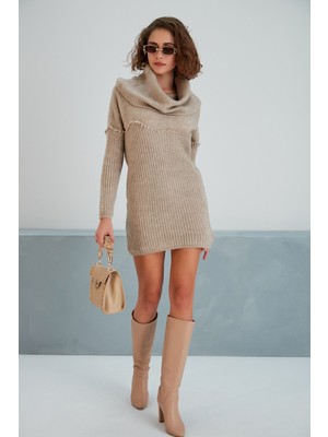 Mamayaga Kadın Degaje Yaka Saçak Detaylı Spor Şık Kahverengi Triko Tunik Bluz