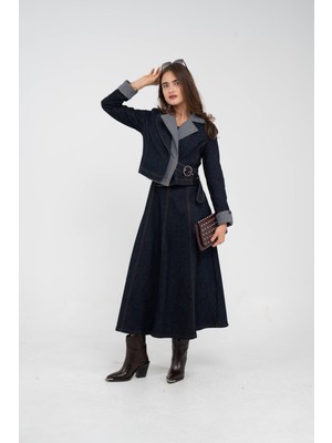 Sasilva Kontrast Detaylı Kısa Ceket & Uzun Elbise Ikili Kadın Takım 9003