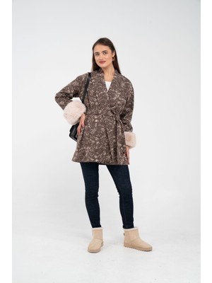SASILVA Desenli Kürk Manşet Detaylı Kuşaklı Kadın Kaban 1766